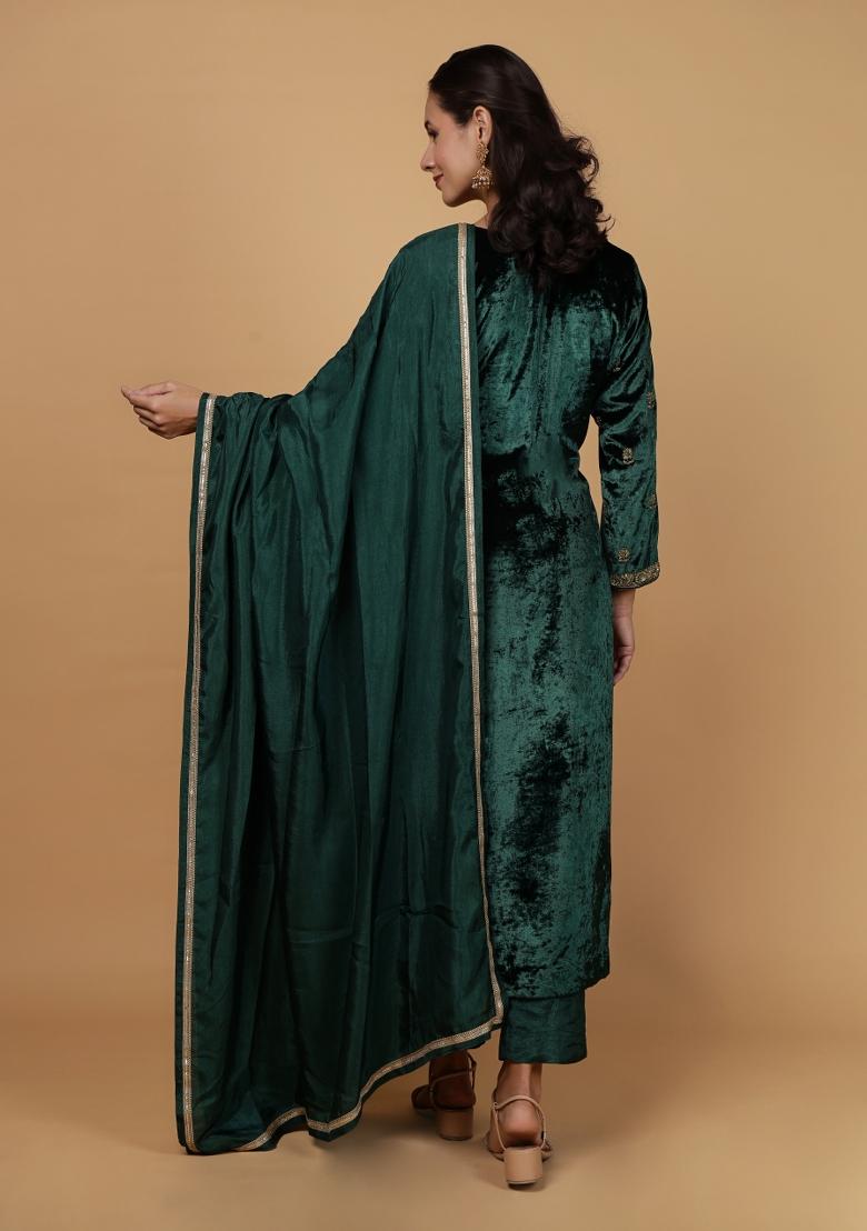 Dark Green Beads Velvet Straight Kurta Set - Indya