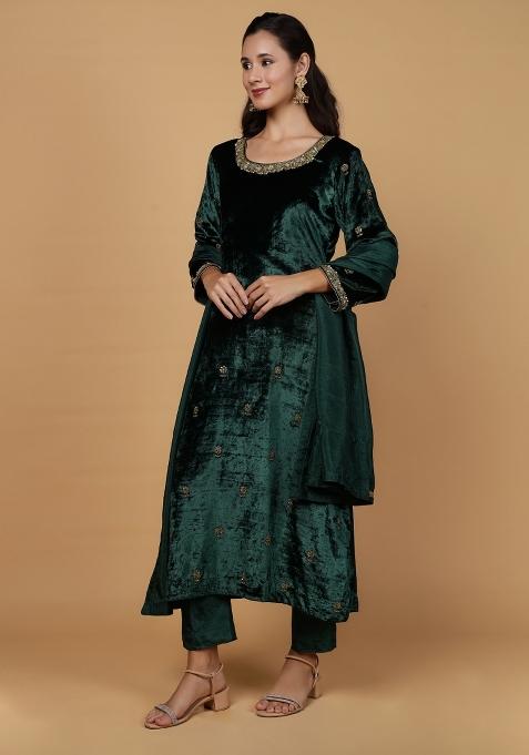 Dark Green Beads Velvet Kurta Set