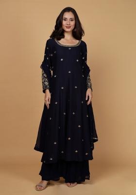 Dark Blue Beads Work Silk Anarkali Set