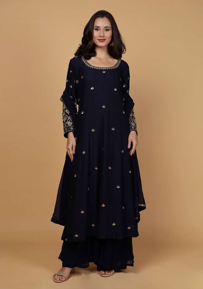 Dark Blue Embroidered Silk Blend Anarkali Set - Indya