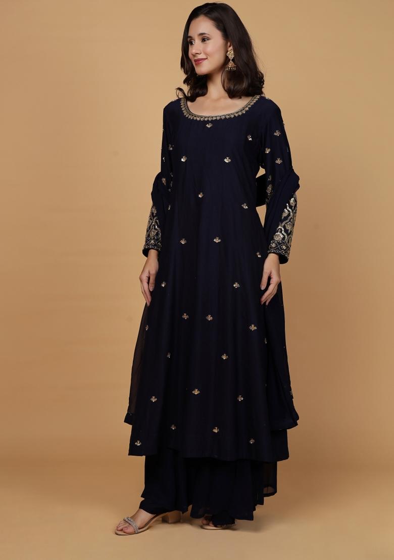 Dark Blue Beads Work Silk Anarkali Set - Indya