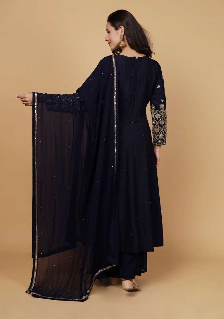Dark Blue Embroidered Silk Blend Anarkali Set - Indya