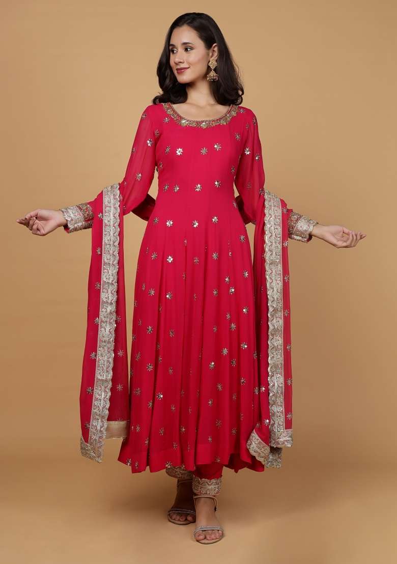 Rani Pink Embroidered Georgette Anarkali Set - Indya