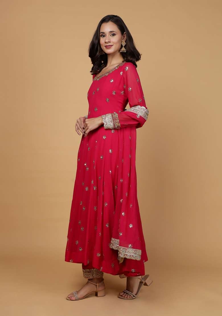 Rani Pink Embroidered Georgette Anarkali Set - Indya