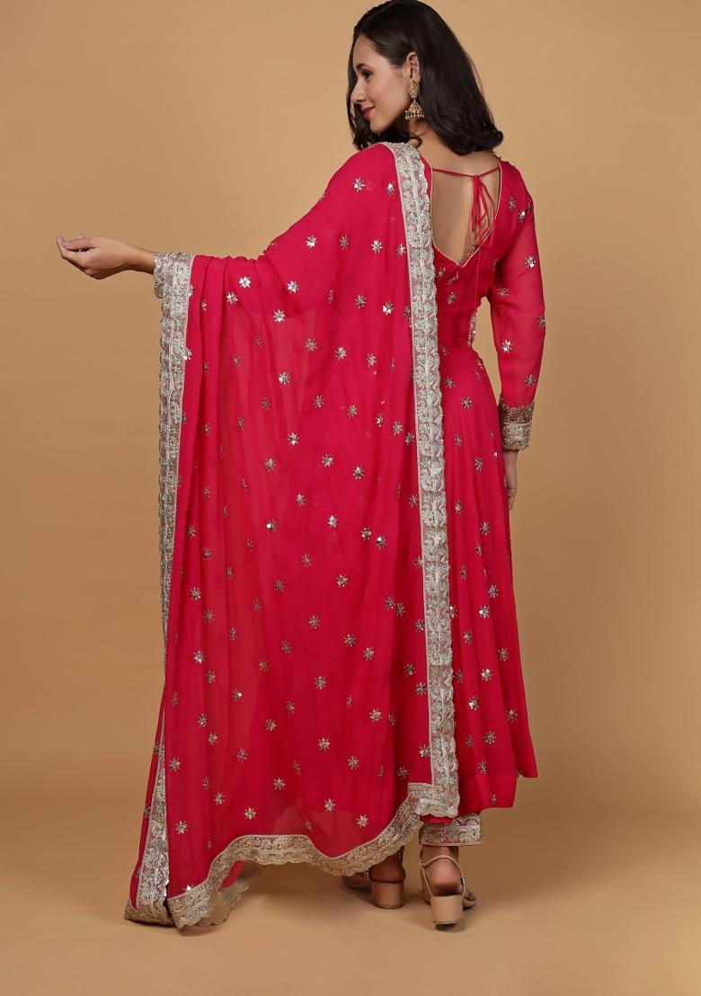 Rani Pink Beads Work Georgette Anarkali Set - Indya
