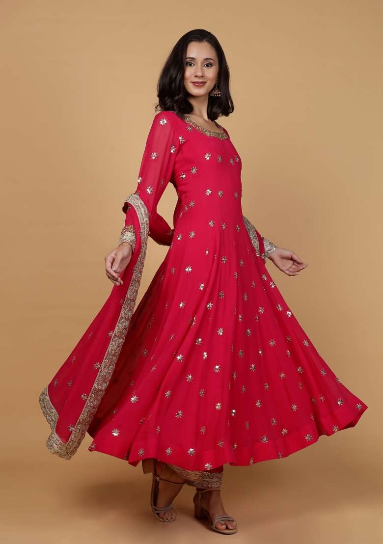 Rani Pink Embroidered Georgette Anarkali Set - Indya