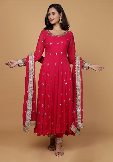 Rani Pink Beads Work Georgette Kurta Set