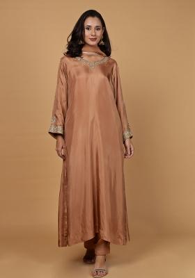 Brown Beads Work Silk Straight Kurta Set