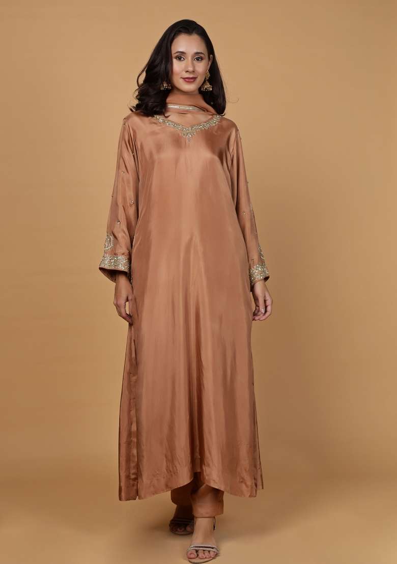 Brown Embroidered Silk Blend A Line Kurta Set - Indya