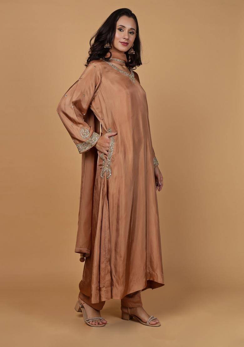 Brown Beads Work Silk Straight Kurta Set - Indya