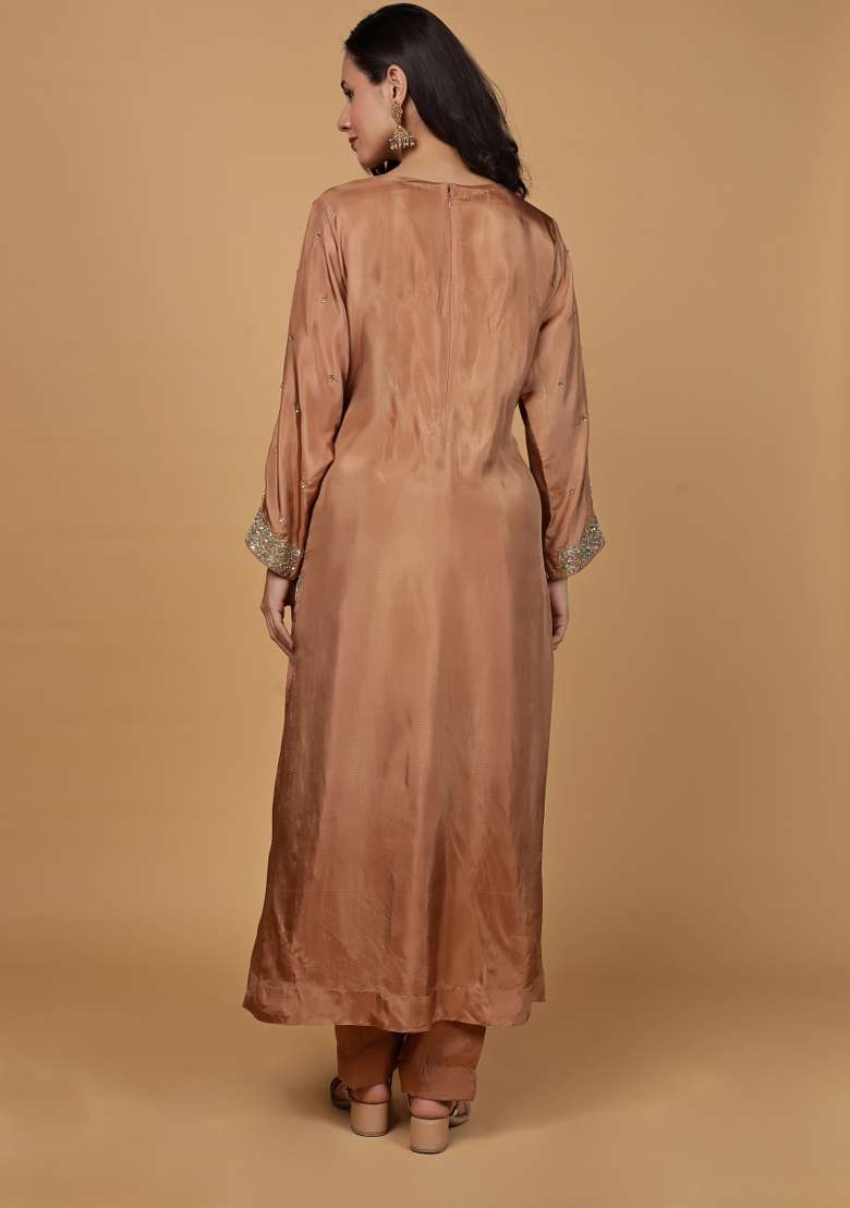 Brown Embroidered Silk Blend A Line Kurta Set - Indya