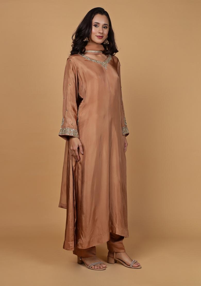 Brown Beads Work Silk Straight Kurta Set - Indya