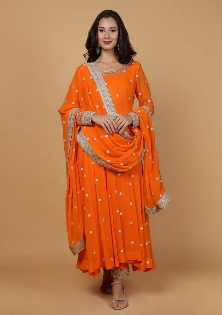 Orange Embroidered Georgette Anarkali Set - Indya