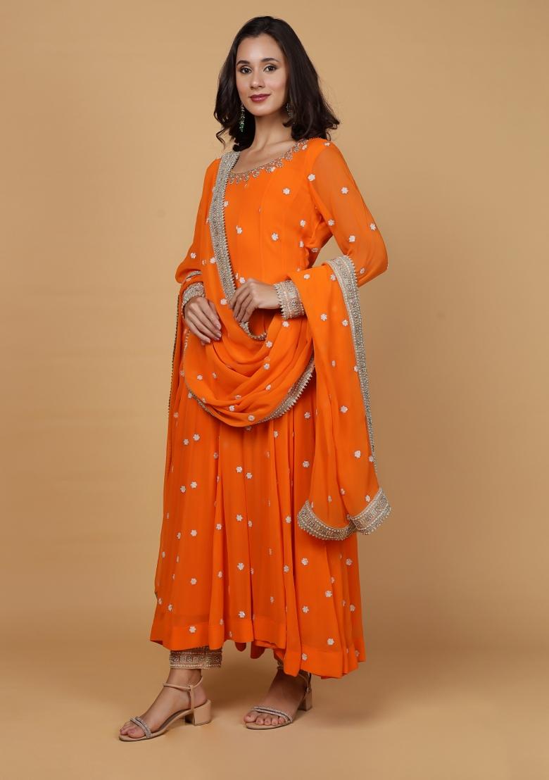 Orange Sequins Georgette Anarkali Set - Indya