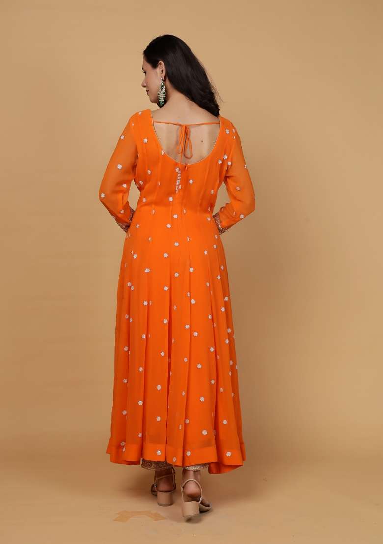 Orange Embroidered Georgette Anarkali Set - Indya
