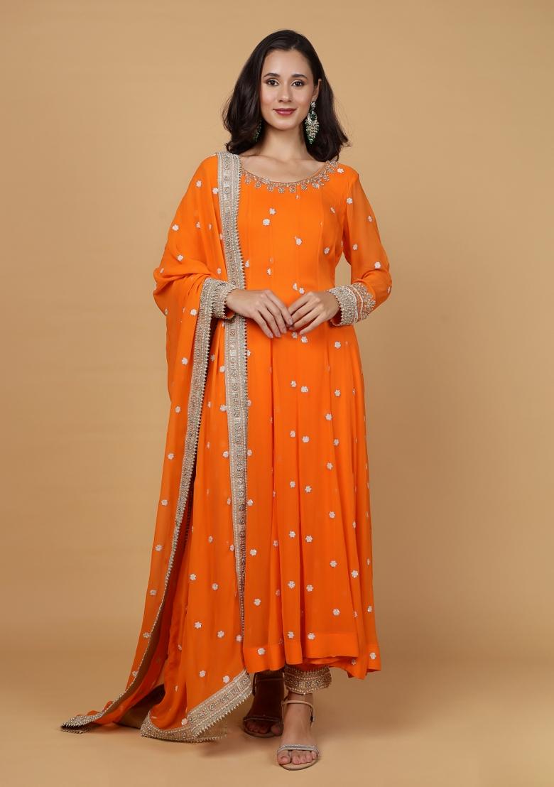 Orange Sequins Georgette Anarkali Set - Indya