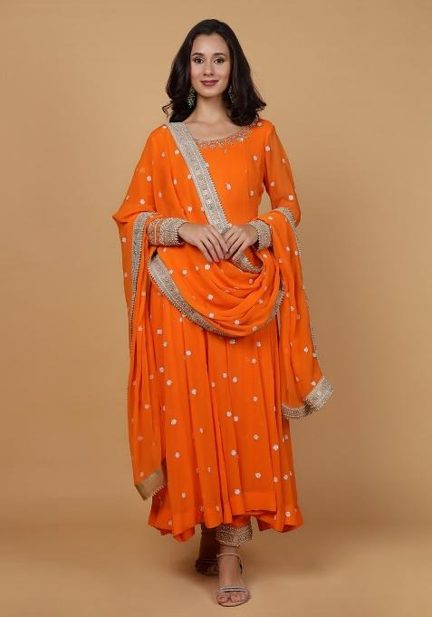 Orange Sequins Georgette Kurta Set