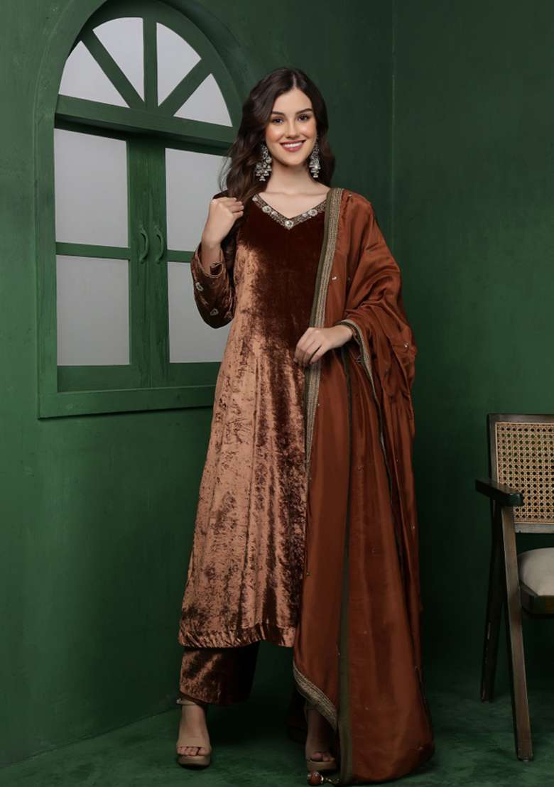 Brown Embroidered Velvet A Line Kurta Set - Indya