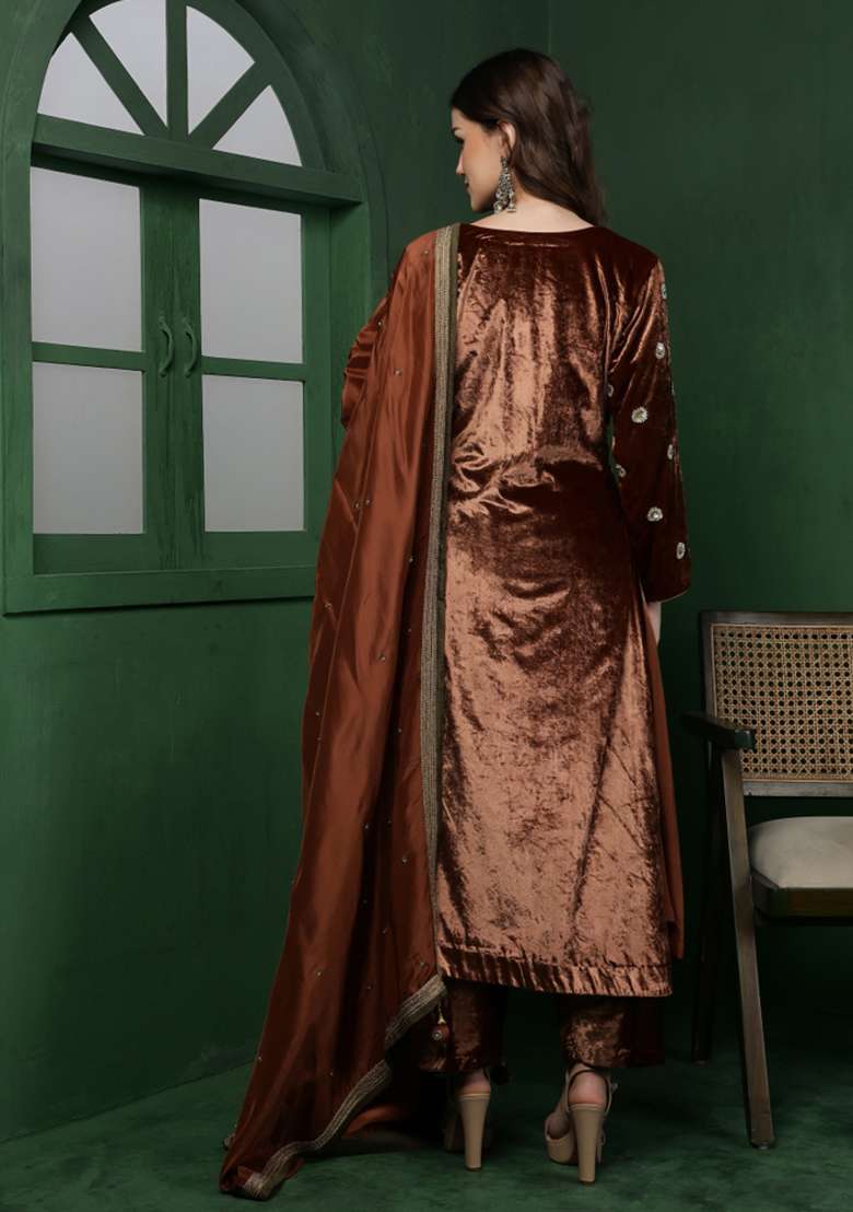 Brown Embroidered Velvet A Line Kurta Set - Indya