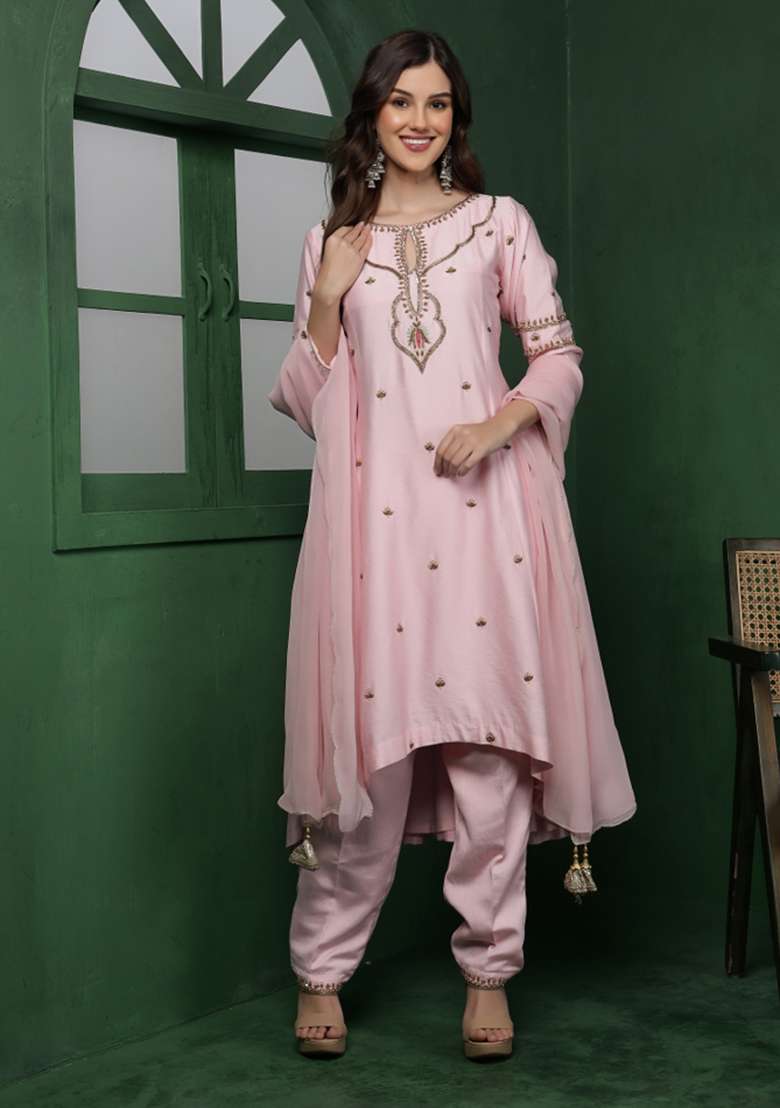 Light Pink Embroidered Silk Blend A Line Kurta Set - Indya