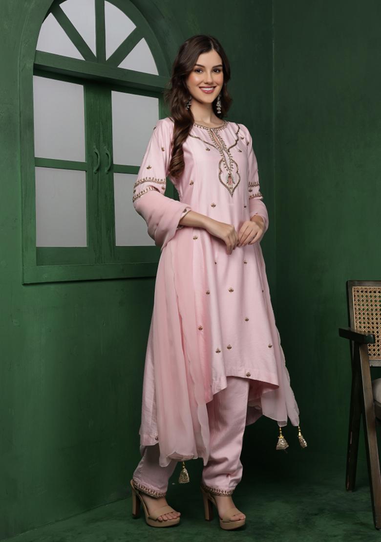 Light Pink Sequins Silk Kurta Set - Indya