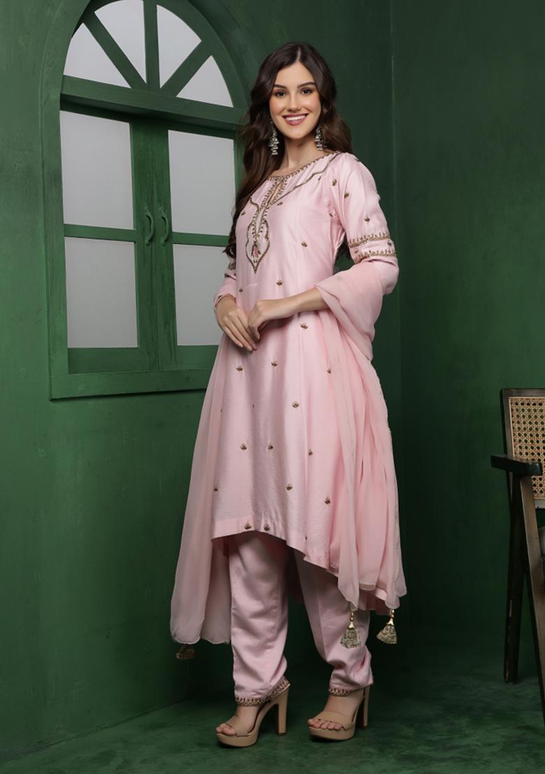 Light Pink Sequins Silk Kurta Set - Indya