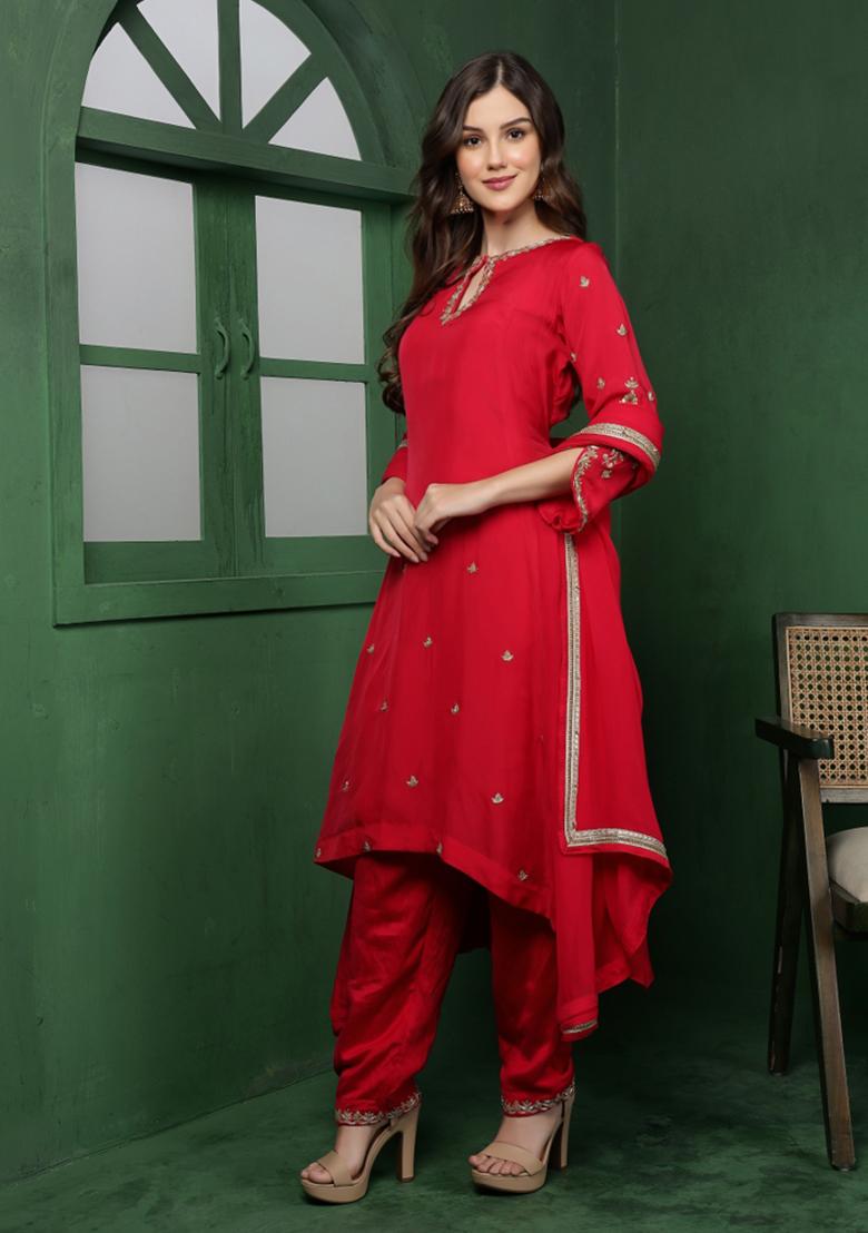 Rani Pink Beads Work Organza Kurta Set - Indya