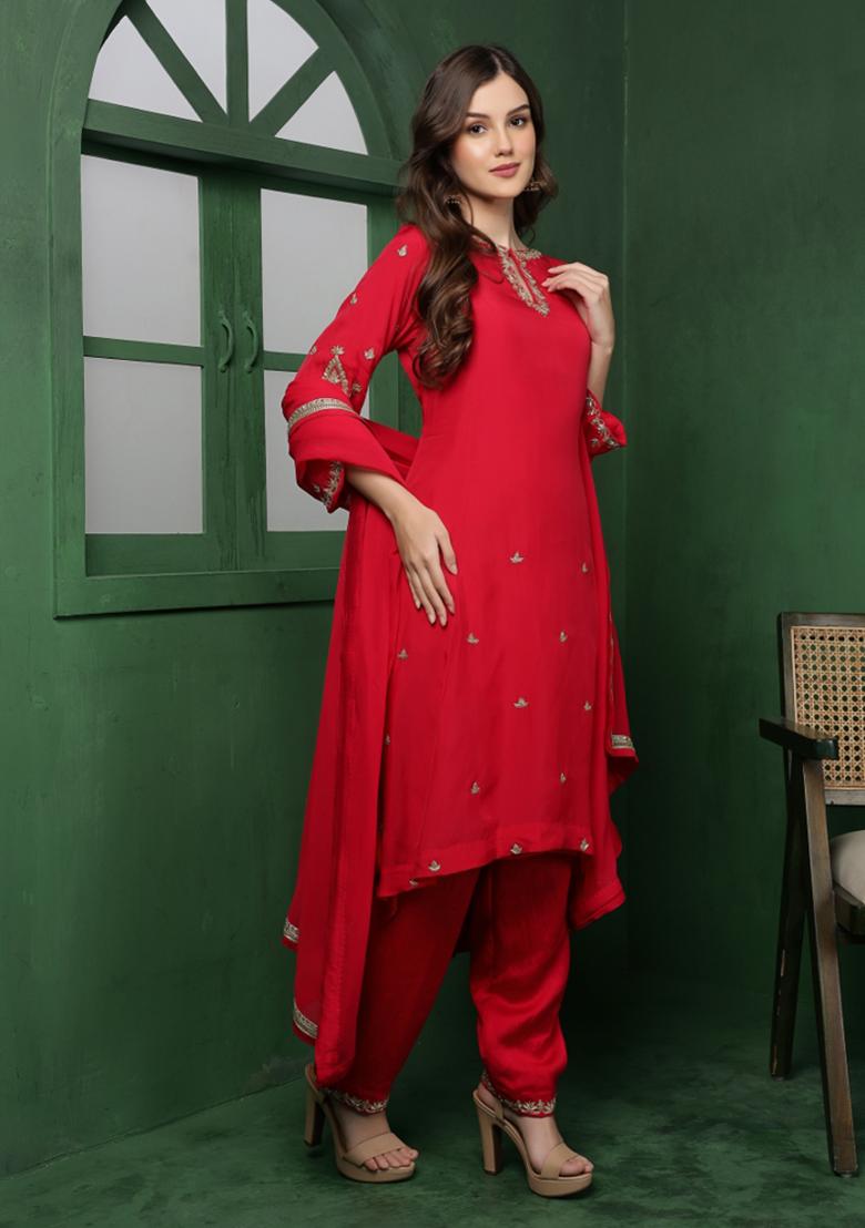 Rani Pink Beads Work Organza Kurta Set - Indya