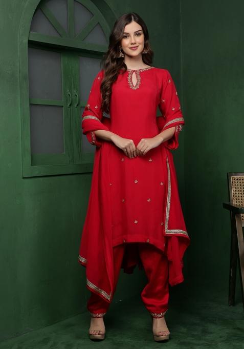 Rani Pink Beads Work Organza Kurta Set