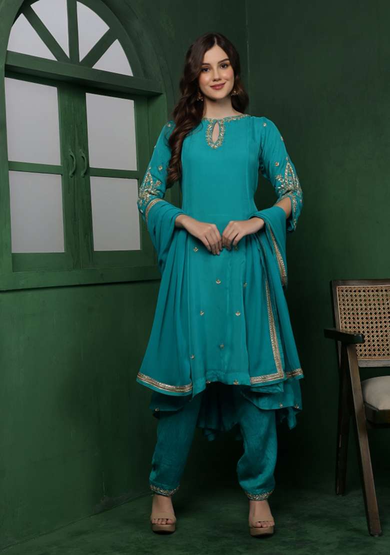 Teal Embroidered Organza A Line Kurta Set - Indya