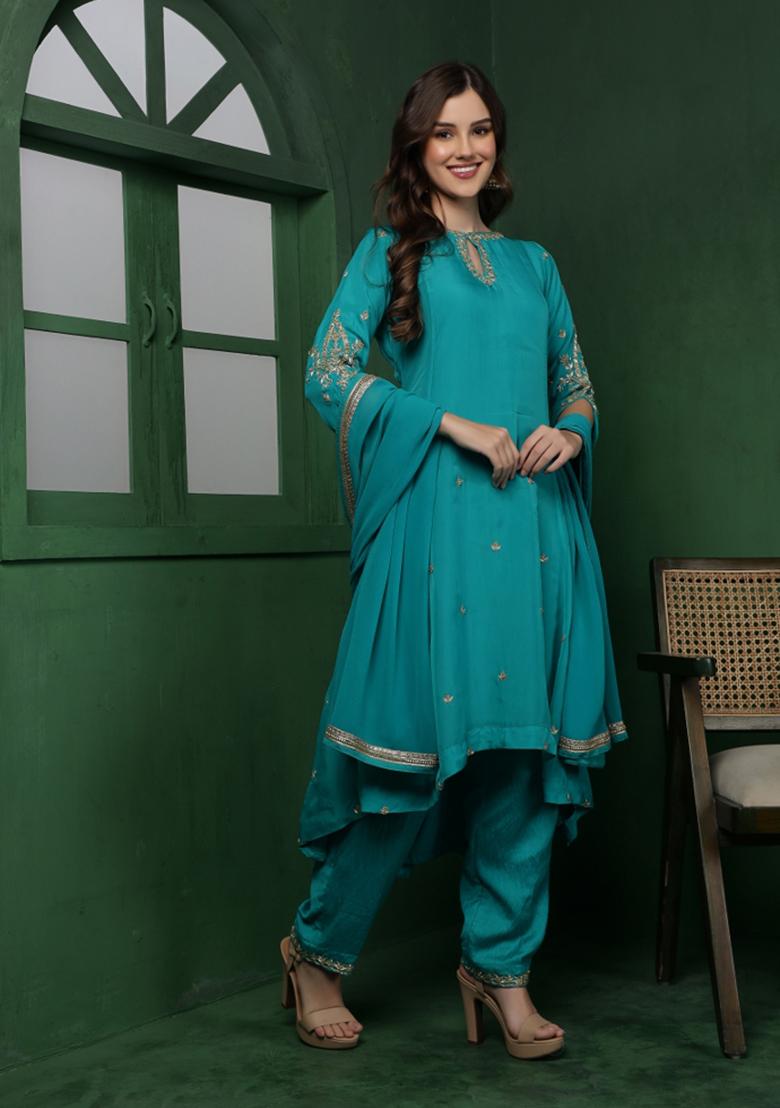 Teal Beads Work Organza Kurta Set - Indya