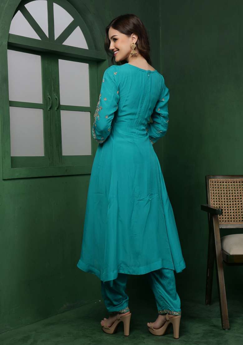 Teal Embroidered Organza A Line Kurta Set - Indya