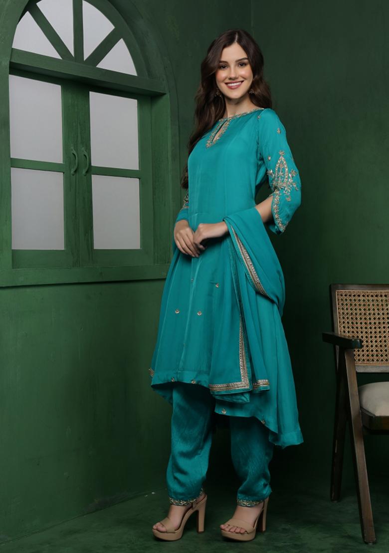 Teal Beads Work Organza Kurta Set - Indya