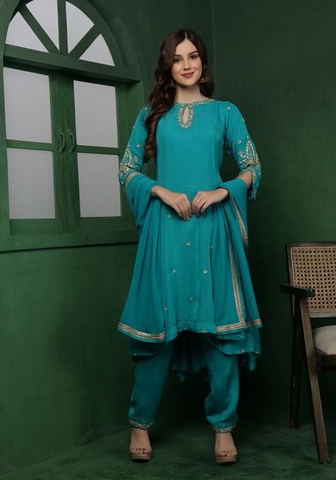 Teal Beads Work Organza Kurta Set