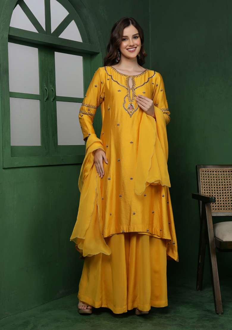 Mustard Embroidered Silk Blend Sharara Set - Indya
