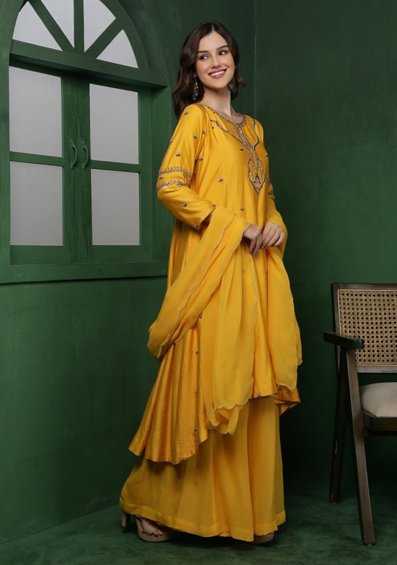 Mustard Beads Work Silk Sharara Set - Indya