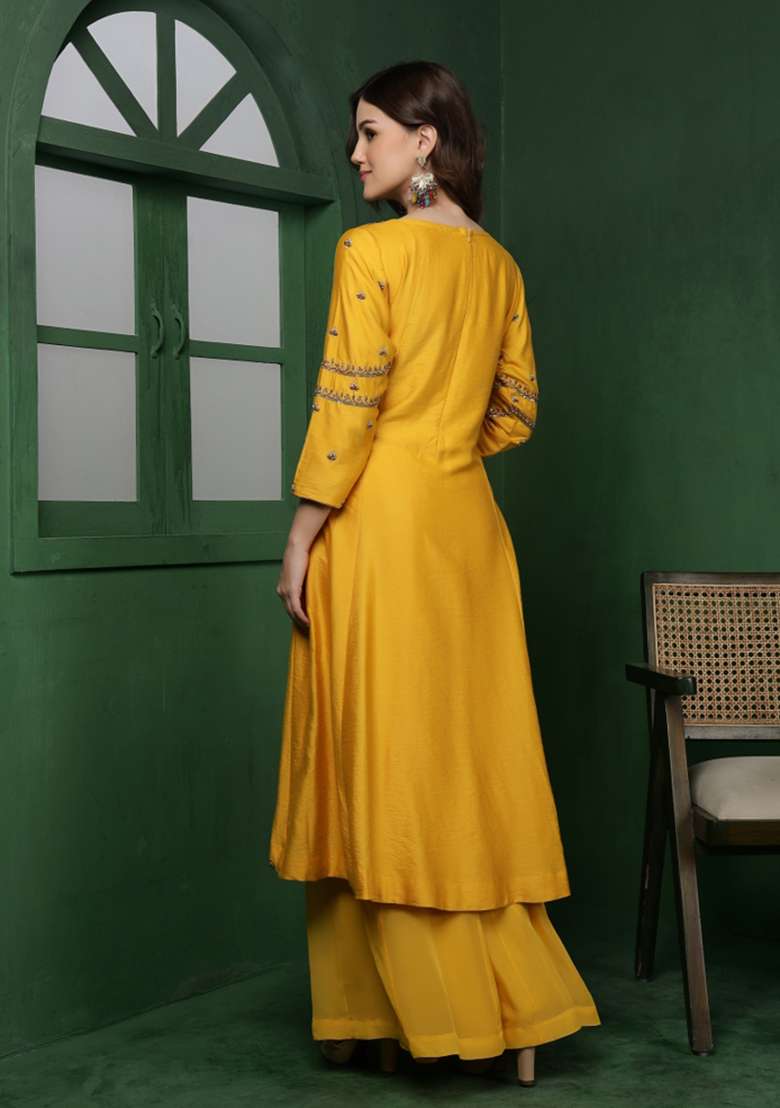 Mustard Embroidered Silk Blend Sharara Set - Indya