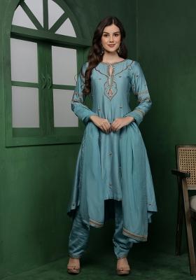 Teal Beads Work Silk Kurta Set