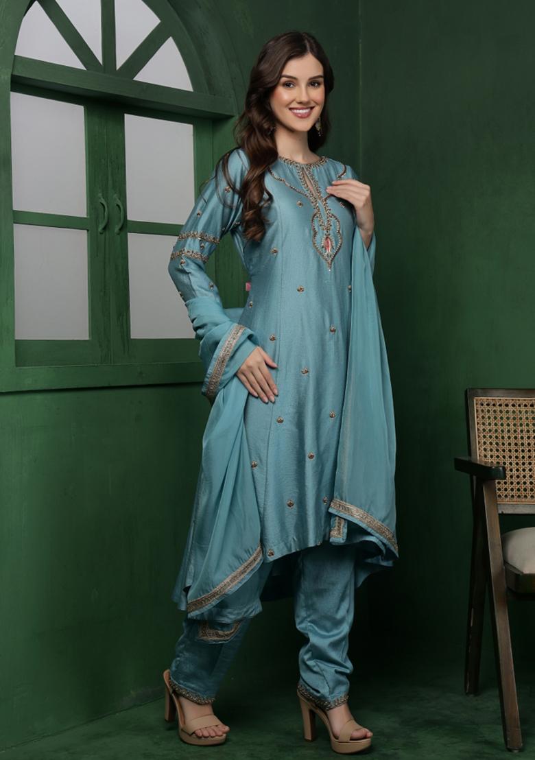 Teal Beads Work Silk Kurta Set - Indya