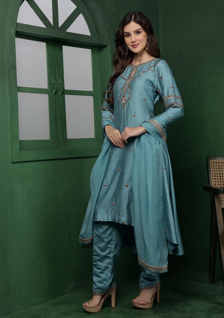 Teal Beads Work Silk Kurta Set - Indya
