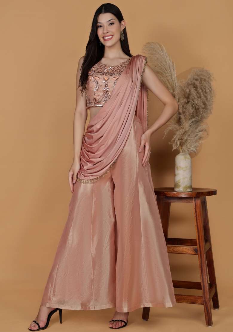 Light Peach Embroidered Tissue Co Ord Set - Indya