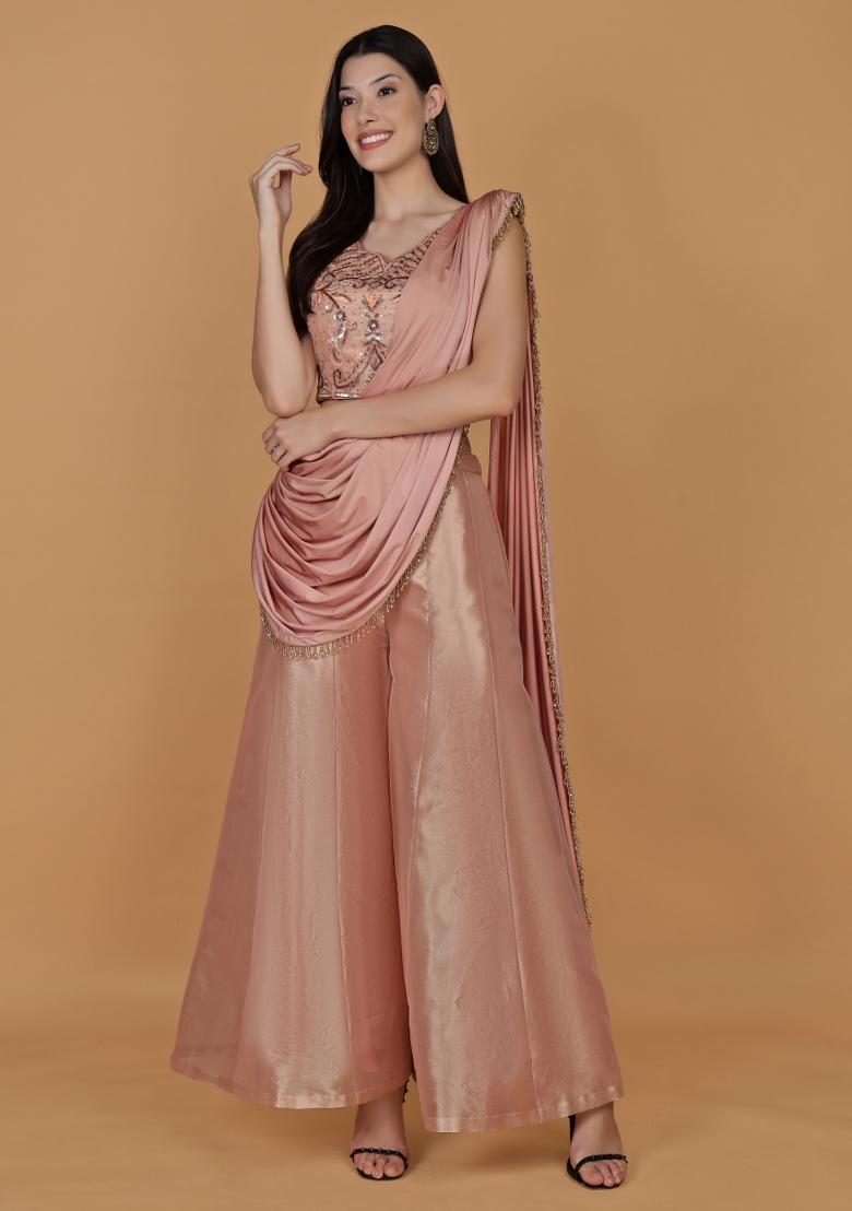 Light Peach Beads Work Tissue Fusion Set - Indya