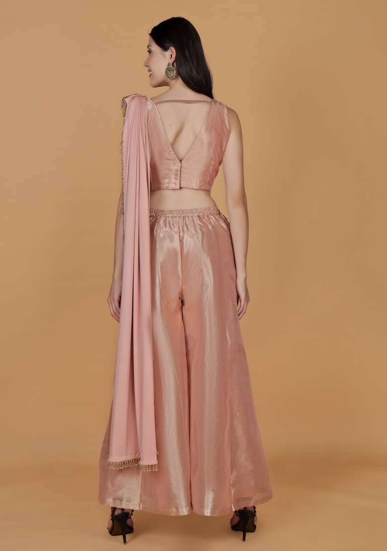 Light Peach Embroidered Tissue Co Ord Set - Indya