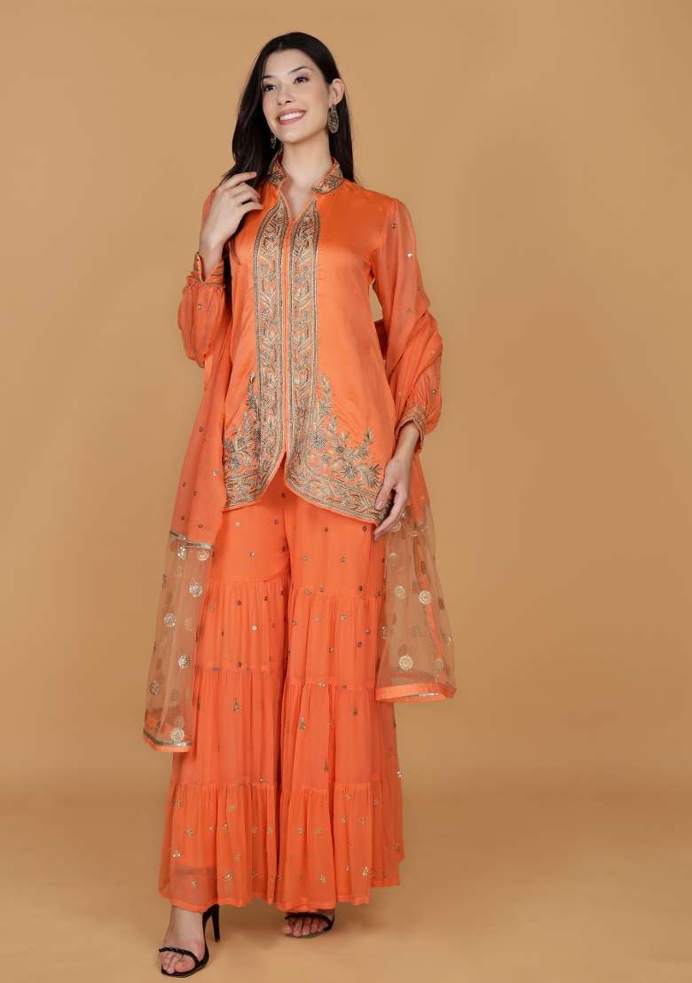 Orange Embroidered Chanderi Sharara Set - Indya