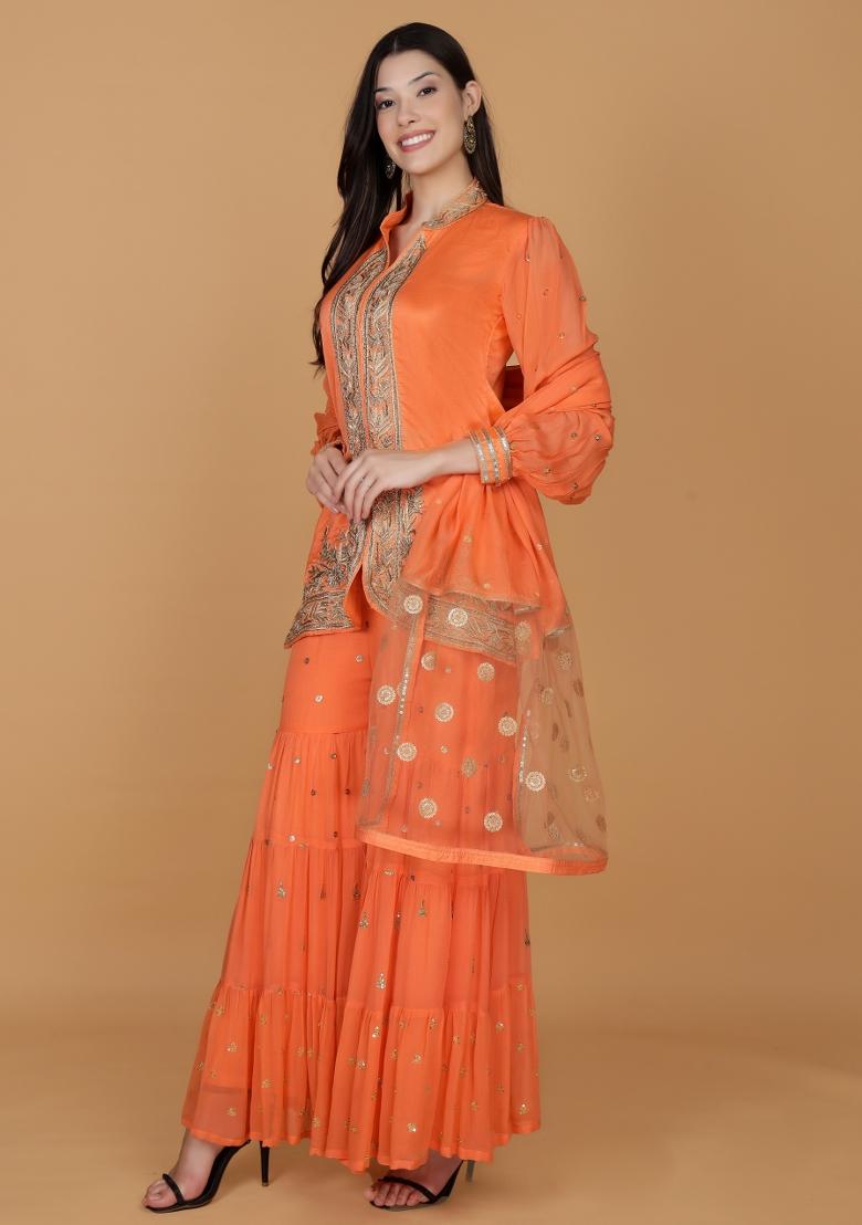 Orange Dubka Chanderi Sharara Set - Indya