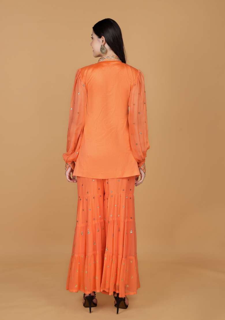 Orange Embroidered Chanderi Sharara Set - Indya