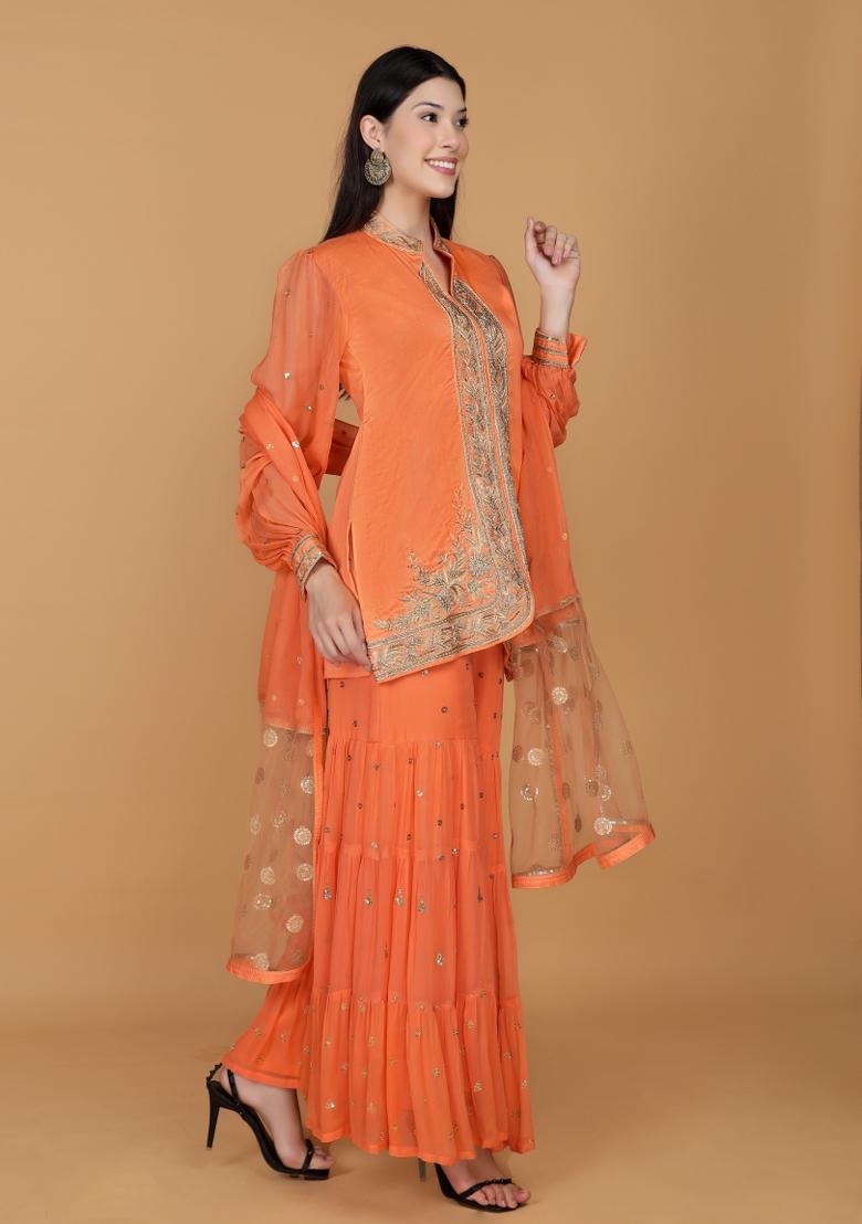 Orange Dubka Chanderi Sharara Set - Indya