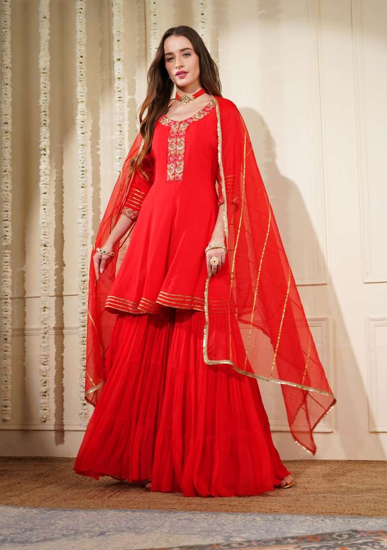Red Embroidered Georgette Sharara Set - Indya