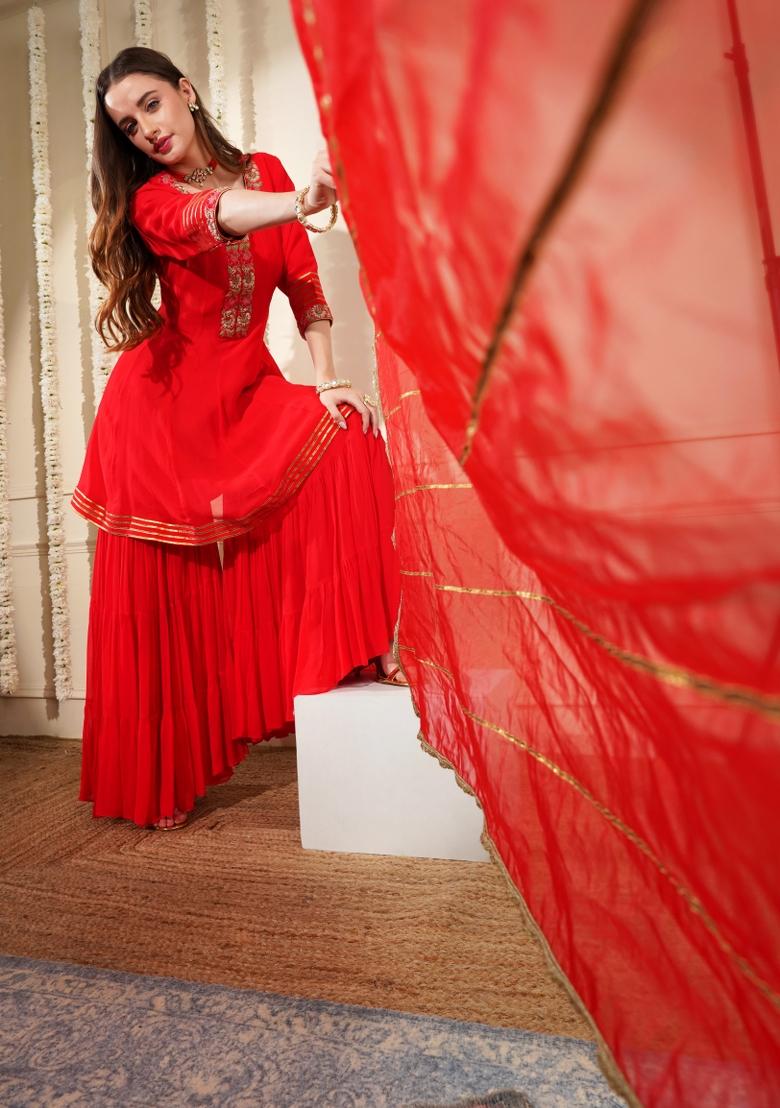 Red Dubka Georgette Sharara Set - Indya