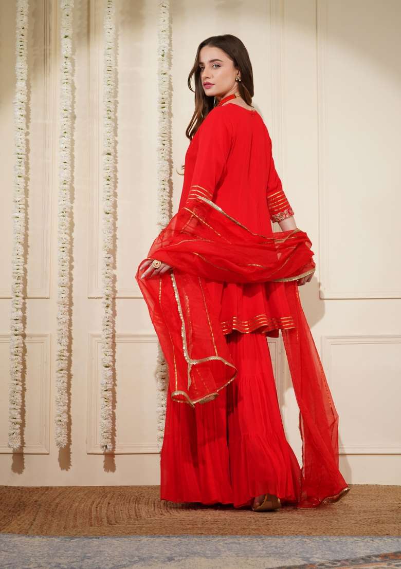 Red Embroidered Georgette Sharara Set - Indya
